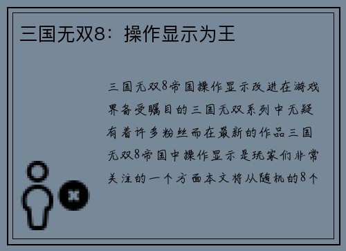 三国无双8：操作显示为王